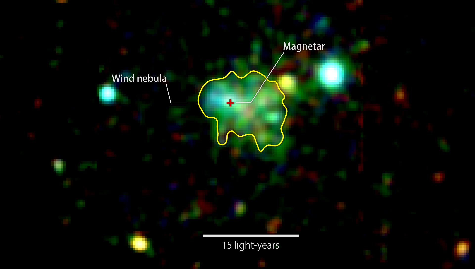 Изображение получено в рентгеновском излучении. На нем изображена туманность, окружающая редчайший объект- магнетар. Свечение, обведенное желтым, исходит от облака из быстро движущихся частиц. Облако образовано нейтронной звездой, которую оно обволакивает. Цвет соответствует показателям рентгеновского излучения: красный- 2,000-3,000 электронвольт [эВ], 3,000-4,500 [эВ]- зеленый, 5,000-10,000[эВ]- голубой.