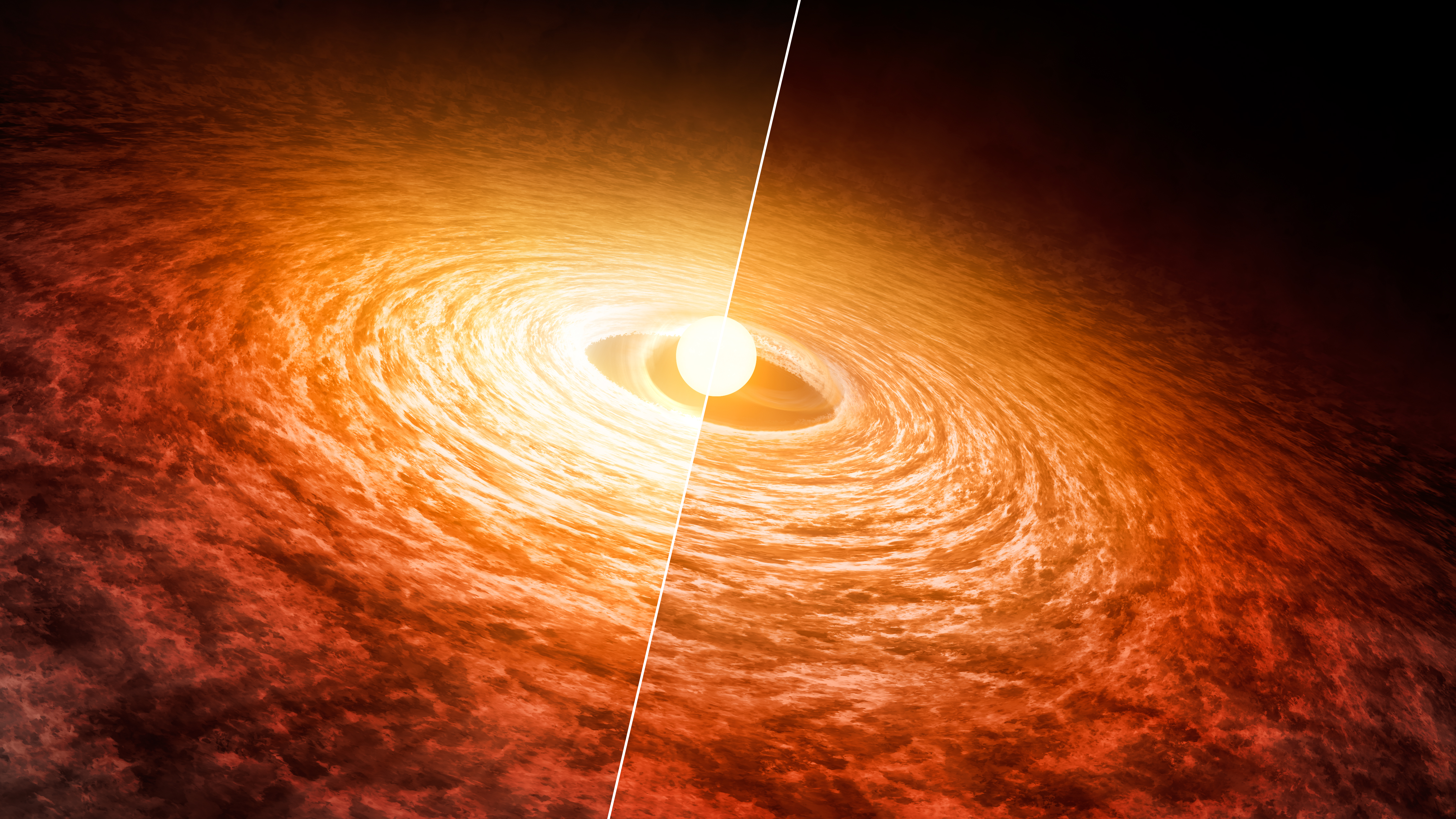 Блеск вспыхивающей звезды-сверхгиганта FU Ориона понемногу угасал с момента первой вспышки в 1936. Исследователи nasa отметили, что он потускнел на 13 процентов (исходя из длины инфракрасного диапазона) с 2004 года(слева) до 2016(справа). 