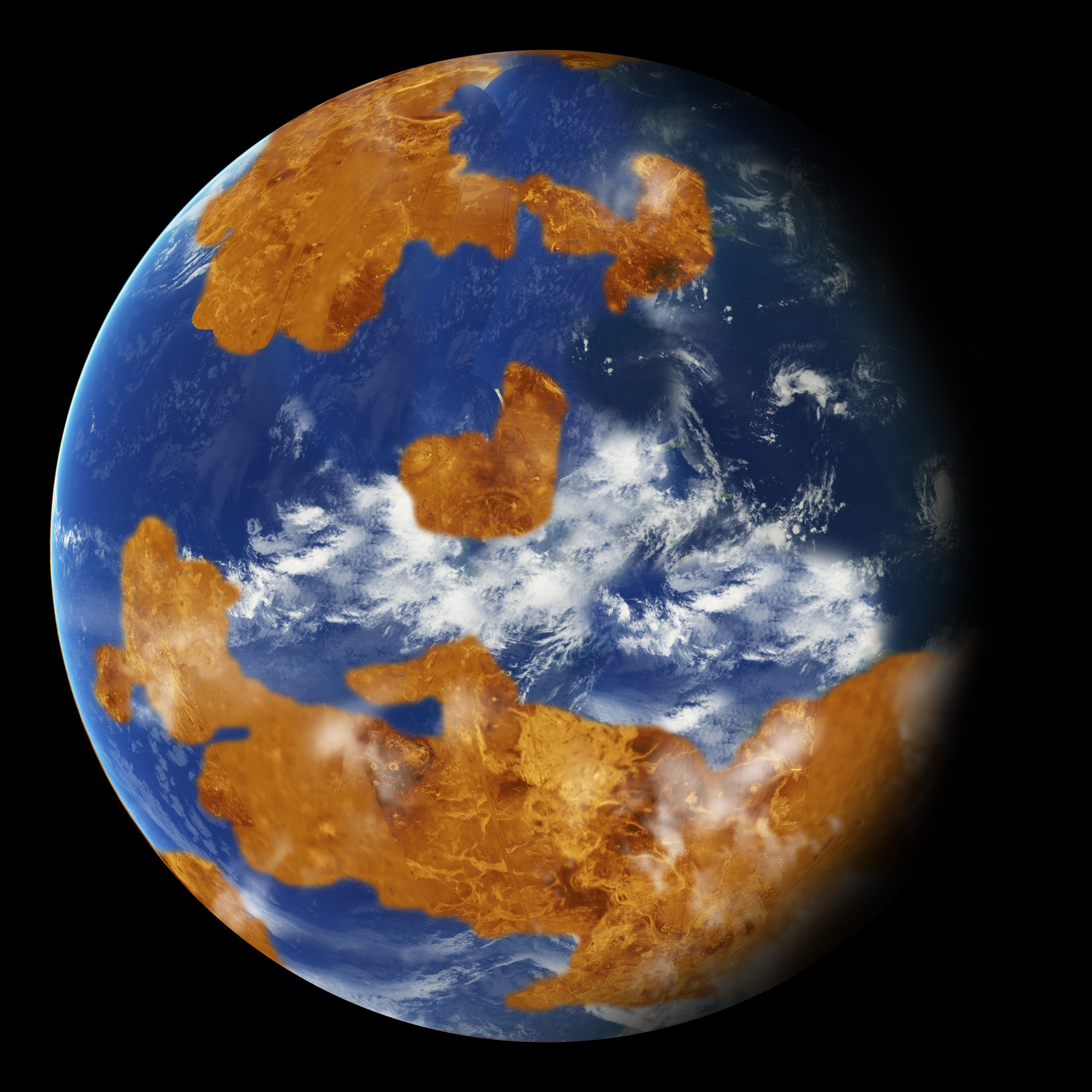 Наблюдения показывают: на Венере, возможно, в далеком прошлом была вода. Шаблон был использован в качестве модели климата на планете, чтобы показать, как грозовые облака могли укрыть древнюю Венеру от сильного солнечного света, что и сделало ее пригодной для жизни. Credits: NASA  
