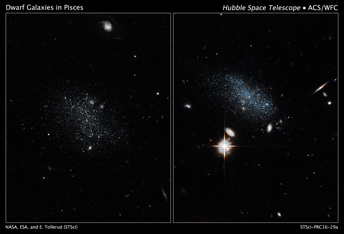 Космический телескоп Хаббл захватил свечение новых звезд в этих маленьких, древних галактиках, которые называются Рыбы А и Рыбы B. Карликовые галактики жили в изоляции на протяжении миллиардов лет, и только сейчас начали формирование звезд. Credits: NASA, ESA, and E. Tollerud (STScI)