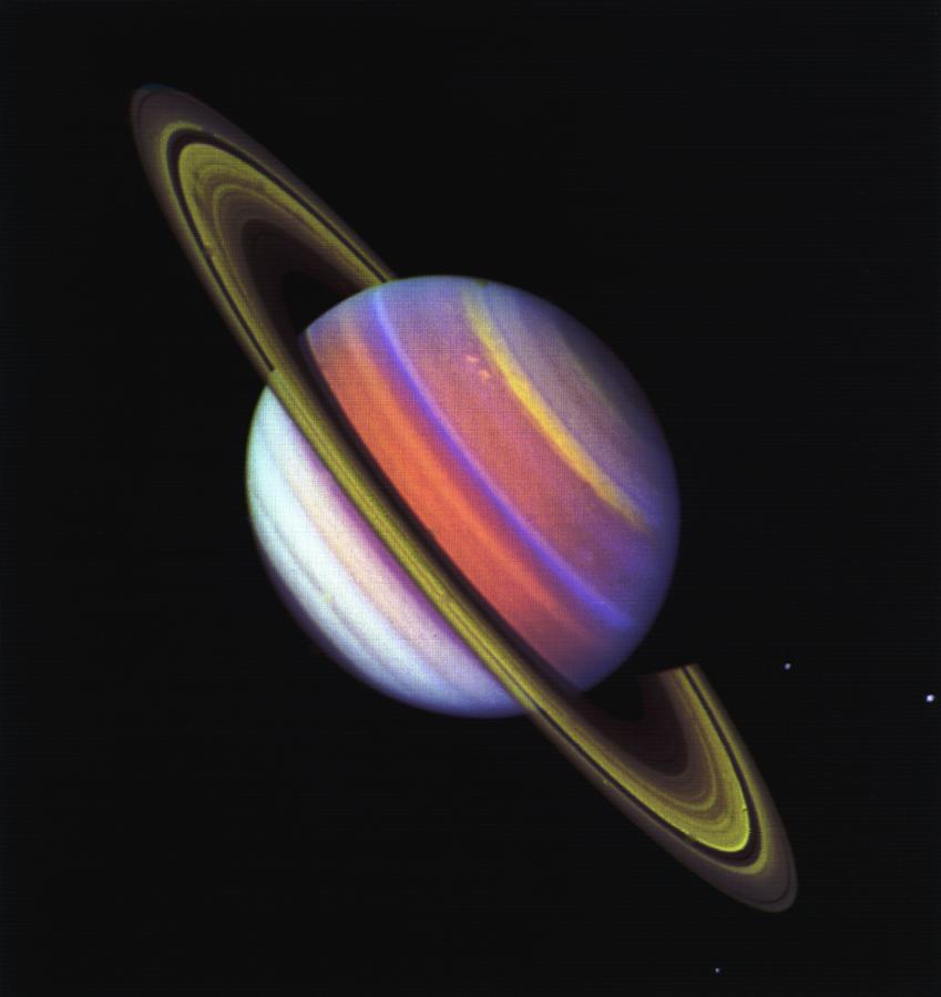 Этот психоделический  фотоснимок Сатурна был сделан  Вояджером 2 в ненатуральном цвете. Показана структура облаков планеты.  Credits: NASA/JPL-Caltech 