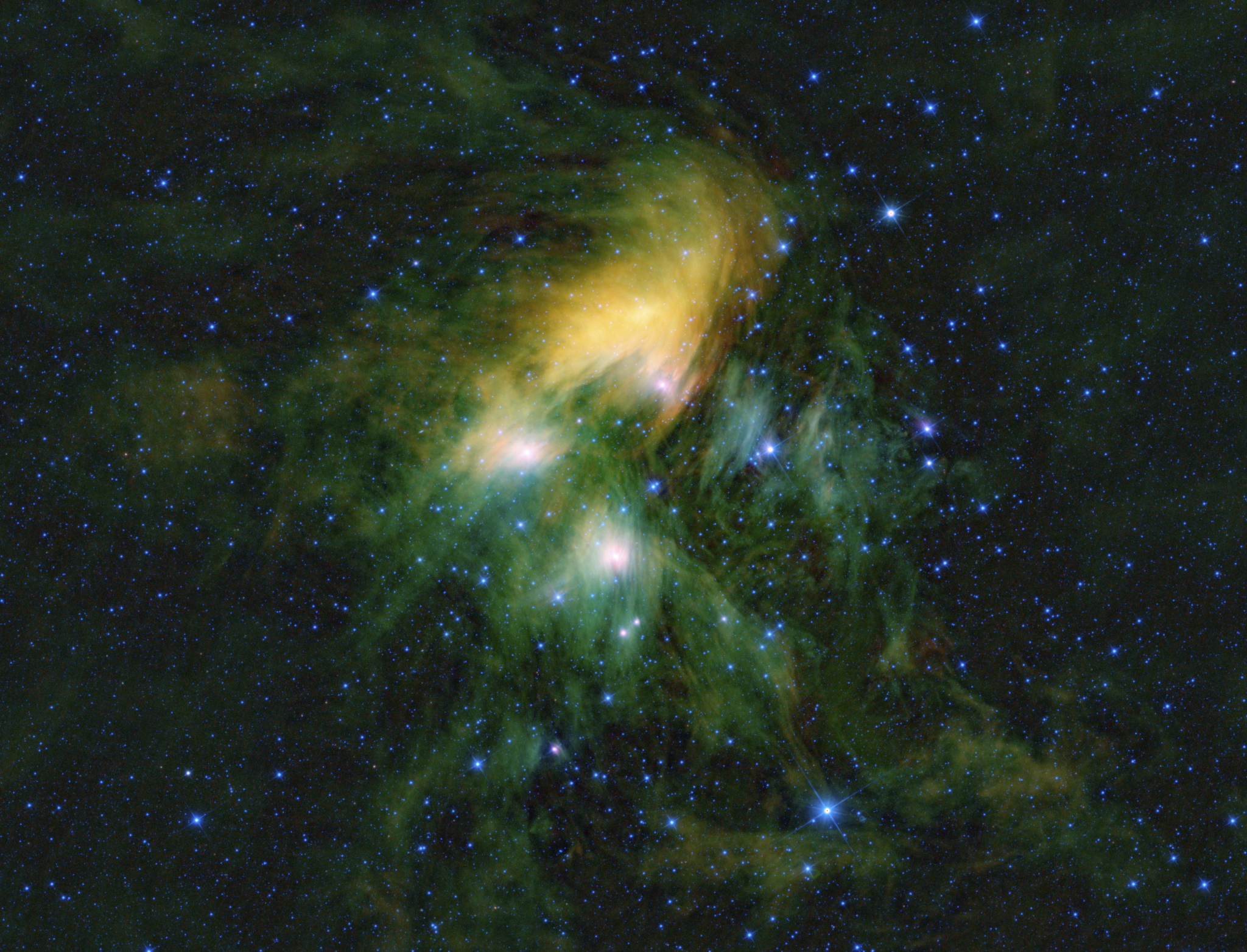 Это изображение показывает скопление звезд Плеяды, которое видно через призму WISE, или Широкоугольного инфракрасного обзорного исследователя. Credits: NASA/JPL-Caltech/UCLA 